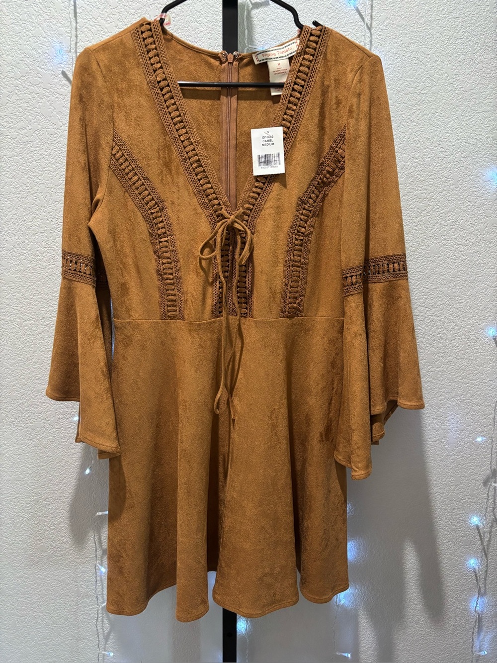 Flying Tomato Camel Crochet-Trim Suede Tunic